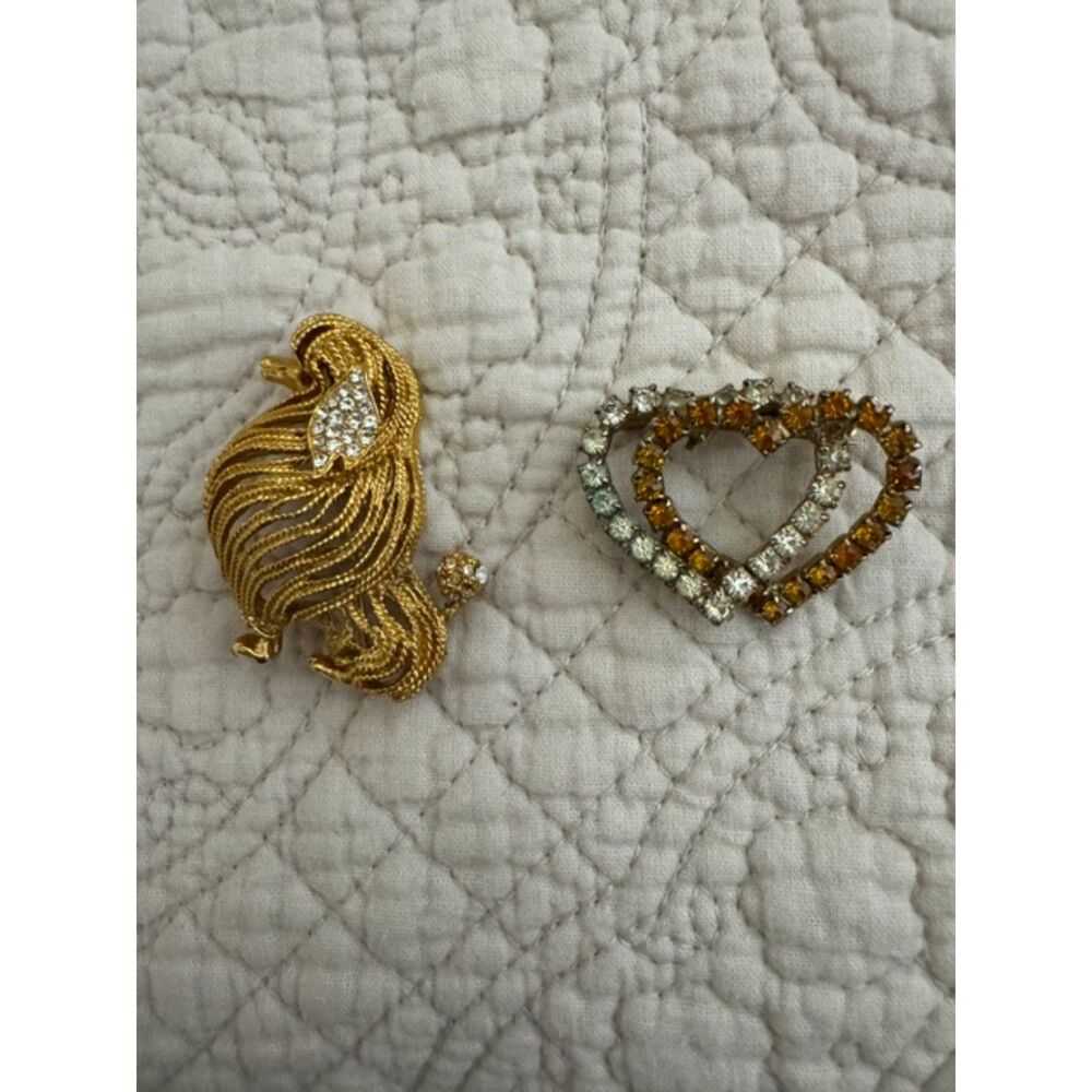 2 gold-tone rhinestone vintage brooches, poodle and double heart.